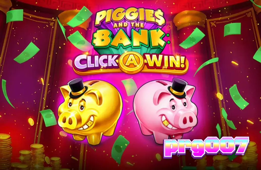 Tampilan visual permainan slot Piggies and the Bank: Click-A-Win dengan karakter babi kaya raya.